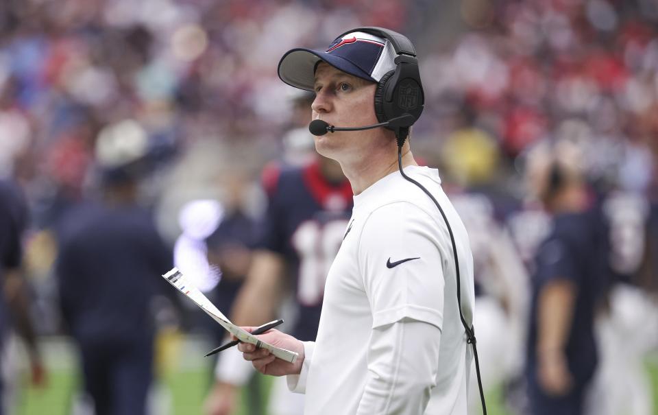 Dec 31, 2023; Houston, Texas, USA; Houston Texans offensive coordinator Bobby Slowik on the sideline during the game against the Tennessee Titans at NRG Stadium. Mandatory Credit: Troy Taormina-USA TODAY Sports