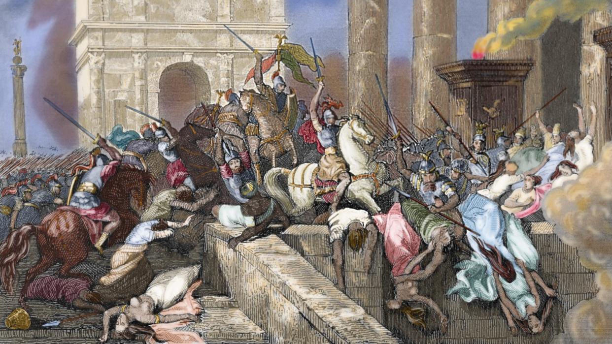  Colored engraving of the sack of Rome by the Visigoths led by Alaric I in 410. Soldiers are wielding swords and attacking the city on horseback. 