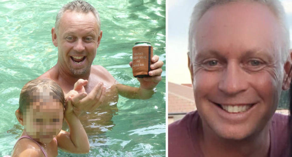 Peter Heppell holding hands with a young girl in the pool (left) and a close up of Peter (right).