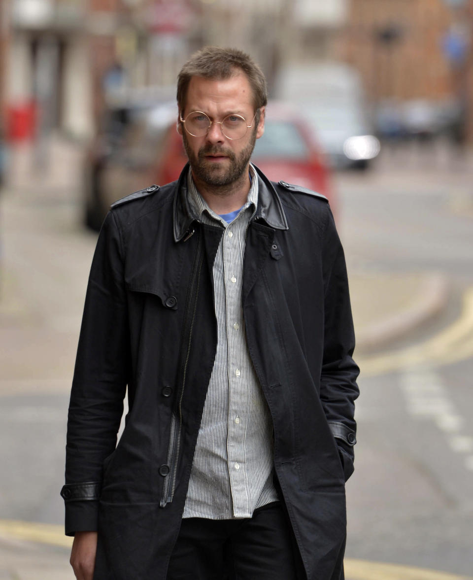 Tom Meighan, ex-Kasabian singer, arrives at Leicester Magistrates' Court, Leicester, England, Tuesday July 7, 2020, where he is appearing on a domestic assault charge. Kasabian said in a statement on Monday July 6 that Meighan “is stepping down from the band by mutual consent. Tom has struggled with personal issues that have affected his behavior for quite some time and now wants to concentrate all his energies on getting his life back on track.” (Jacob King/PA via AP)