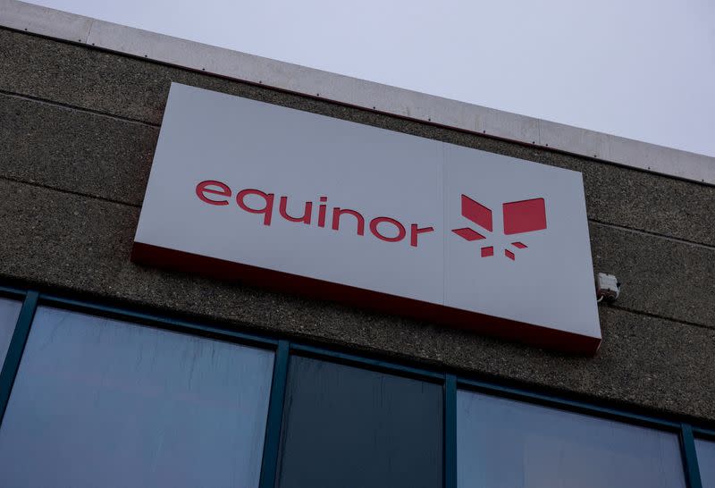 FILE PHOTO: The logo of Equinor is set up at liquefied natural gas plant Hammerfest LNG in Hammerfest