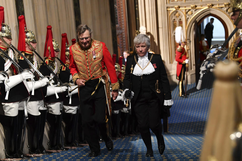 Lady Usher of the Black Rod Sarah Clarke takes part in the official State Opening of Parliament in London, Monday Oct. 14, 2019. (Paul Ellis/Pool via AP)