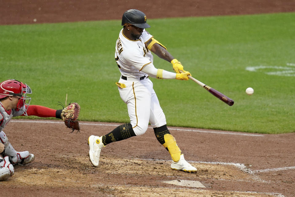 Pittsburgh Pirates' Andrew McCutchen hits a double against the St. Louis Cardinals in the seventh inning of a baseball game in Pittsburgh, Wednesday, Aug. 23, 2023. (AP Photo/Matt Freed)