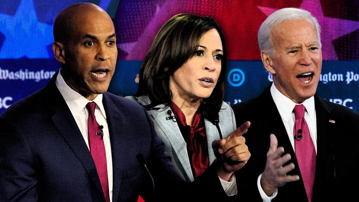 Sen. Cory Booker, SEn. Kamala Harris and former Vice President Joe Biden. (Photo illustration: Yahoo News; photos: Brendan McDermid /Reuters, Saul Loeb/AFP/Getty Images, Brendan McDermid/Reuters)