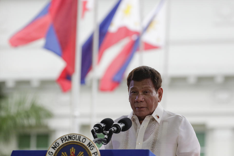 Philippine President Rodrigo Duterte delivers his speech during the 123rd anniversary of the proclamation of the Philippine independence rites on Saturday, June 12, 2021, at the Provincial Capitol of Bulacan province, Philippines. The Philippines commemorates the declaration of Philippine independence from Spain in 1898 every June 12. (AP Photo/Aaron Favila)