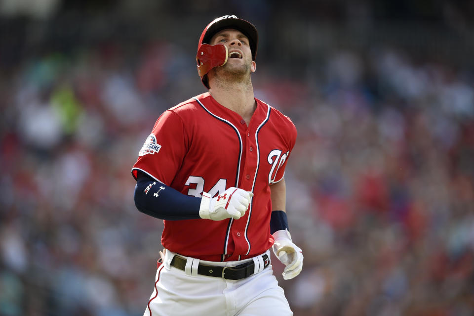 It’s July 1 and Bryce Harper is hitting only .216 for the 42-40 Washington Nationals. (AP)