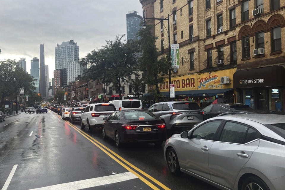 Traffic is piled up along Flatbush Ave heading to the Manhattan and the Brooklyn bridges in the Brooklyn borough of New York on Friday, Sept. 29, 2023. A potent rush-hour rainstorm has swamped the New York metropolitan area. The deluge Friday shut down swaths of the subway system, flooded some streets and highways, and cut off access to at least one terminal at LaGuardia Airport.(AP Photo/Bebeto Matthews)