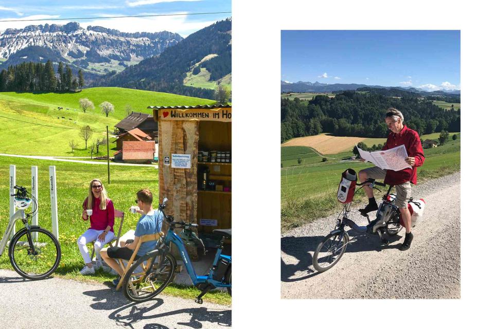 <p>From left: CHRISTOF SONDEREGGER/COURTESY OF HERZROUTE; Courtesy of Paul Hasler</p> From left: The Rehärze snack and charging kiosk near Schüpfheim; Paul Hasler, one of the founders of the Heart Route, Switzerland