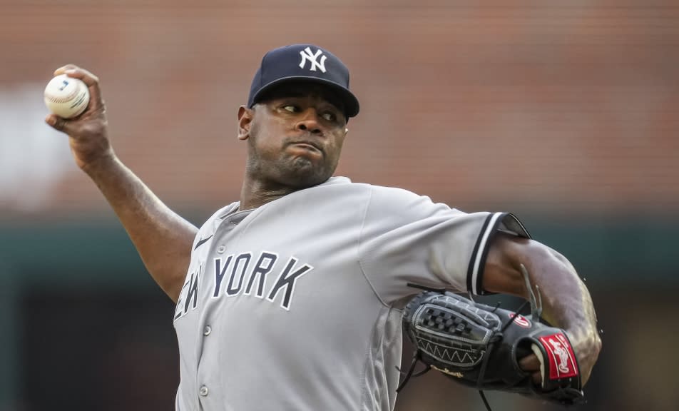 New York Yankees starting pitcher Luis Severino (40) pitches against the Atlanta Braves during the first inning at Truist Park.