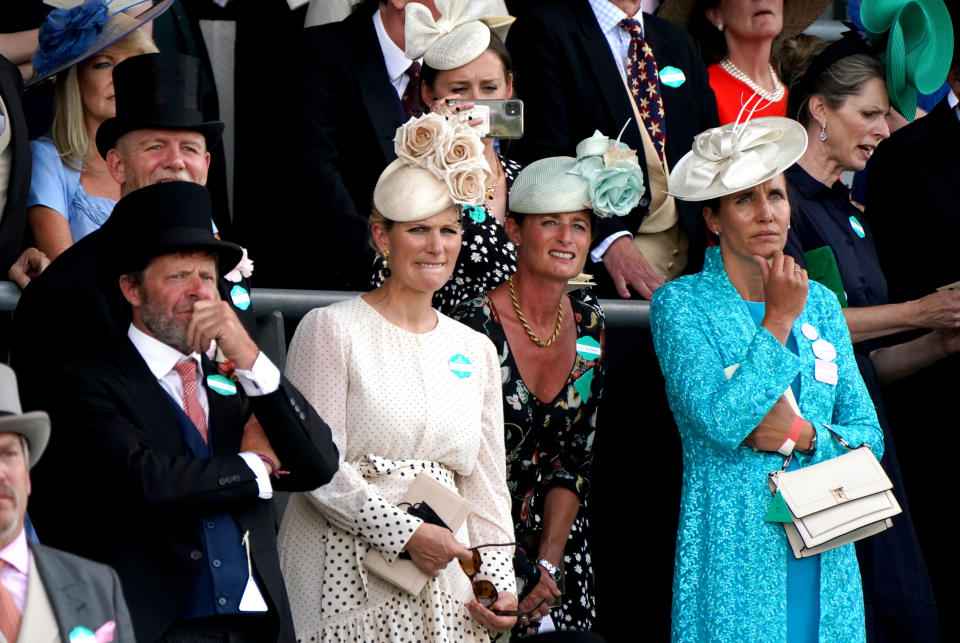 Zara Tindall (left), Dolly Maude and Anna Lisa Balding (right) react as they watch the King's Stand Stakes during day one of Royal Ascot at Ascot Racecourse. Picture date: Tuesday June 15, 2021.