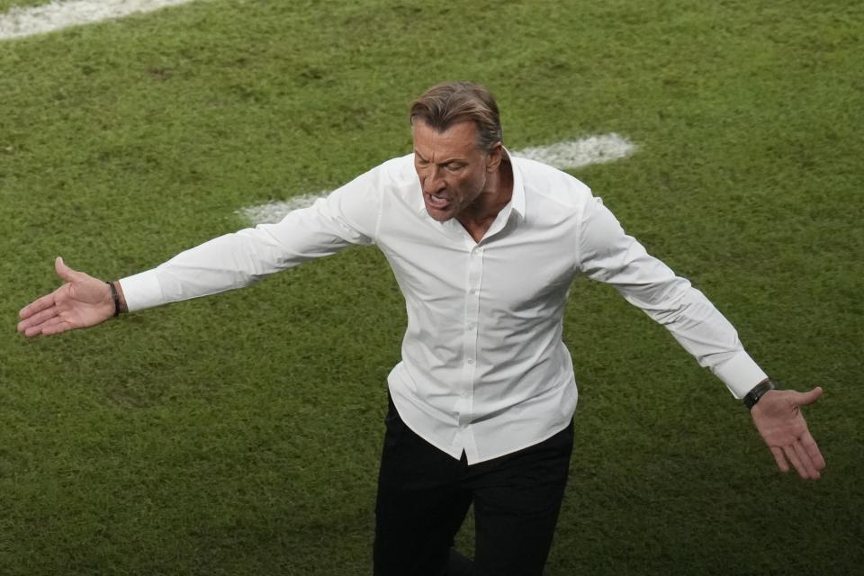 Saudi Arabia's head coach Herve Renard gestures during the World Cup group C soccer match between Poland and Saudi Arabia, at the Education City Stadium in Al Rayyan , Qatar, Saturday, Nov. 26, 2022. (AP Photo/Themba Hadebe)