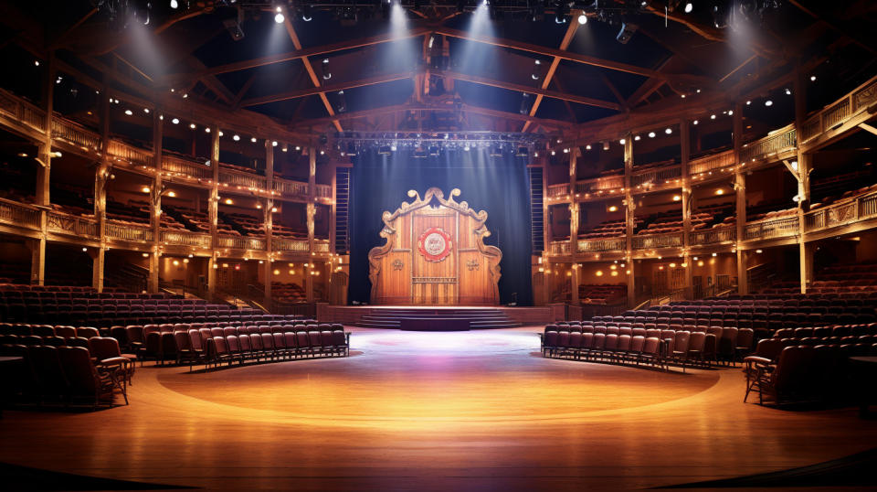 An interior shot of the Grand Ole Opry House, showing the iconic country music brand and its architechtural grandeur.