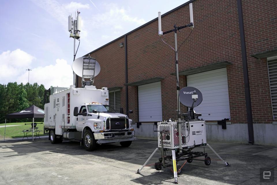 <p>AT&T NDR's SatCOLT truck and Compact Rapid Deployable, which can be transported easily to recover networks.</p>
