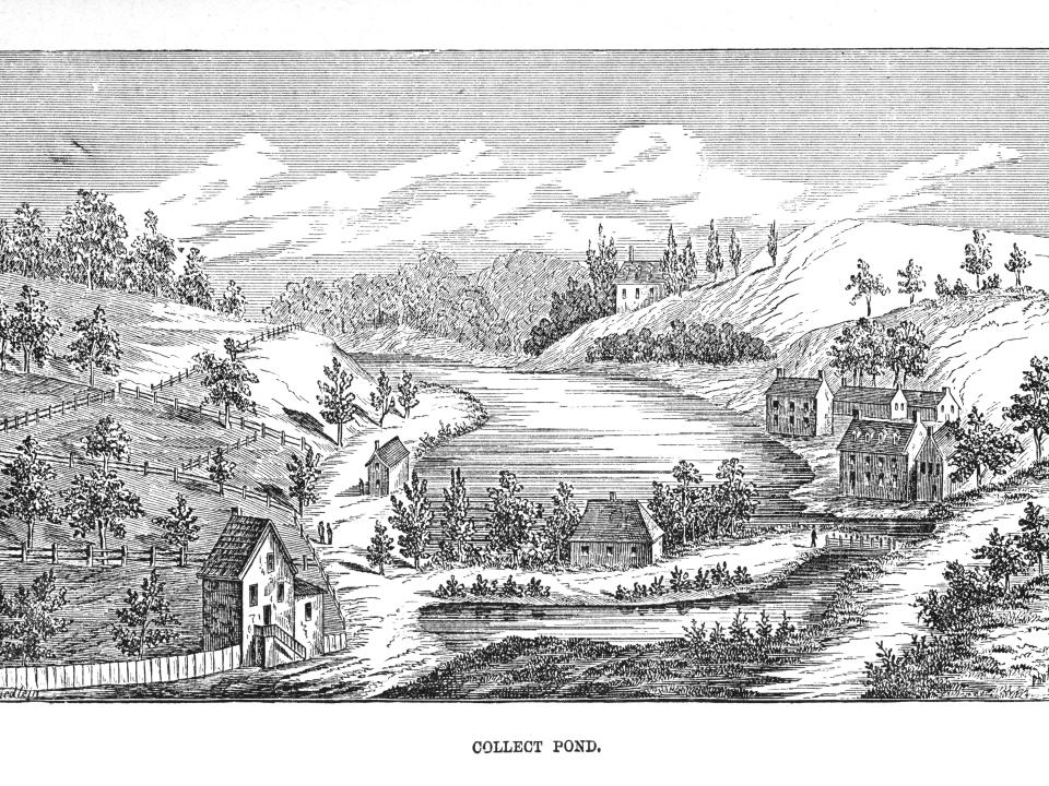 Engraved illustration shows the 'Collect Pond,' also known as the Kolch or Kalch-Hook Pond, New York, New York, 1700s. The spring-fed pond was one of the city's primary drinking water sources. It later became the site of the Five Points neighborhood.
