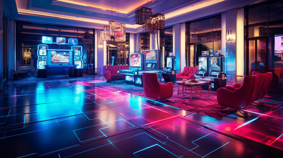 Wide shot of a luxury hotel with neon-lit gaming floor.