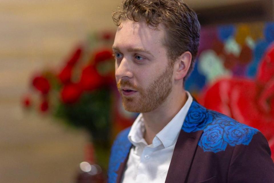 Wylie Caudill speaks during a press conference presenting his design of Woodford Reserve’s commemorative bottle for the 2024 Kentucky Derby at Churchill Downs in Louisville, Ky., on Tuesday, March 5, 2024.