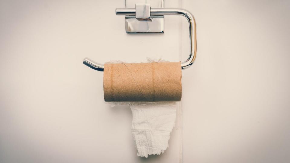 Empty toilet paper roll in public restroom.