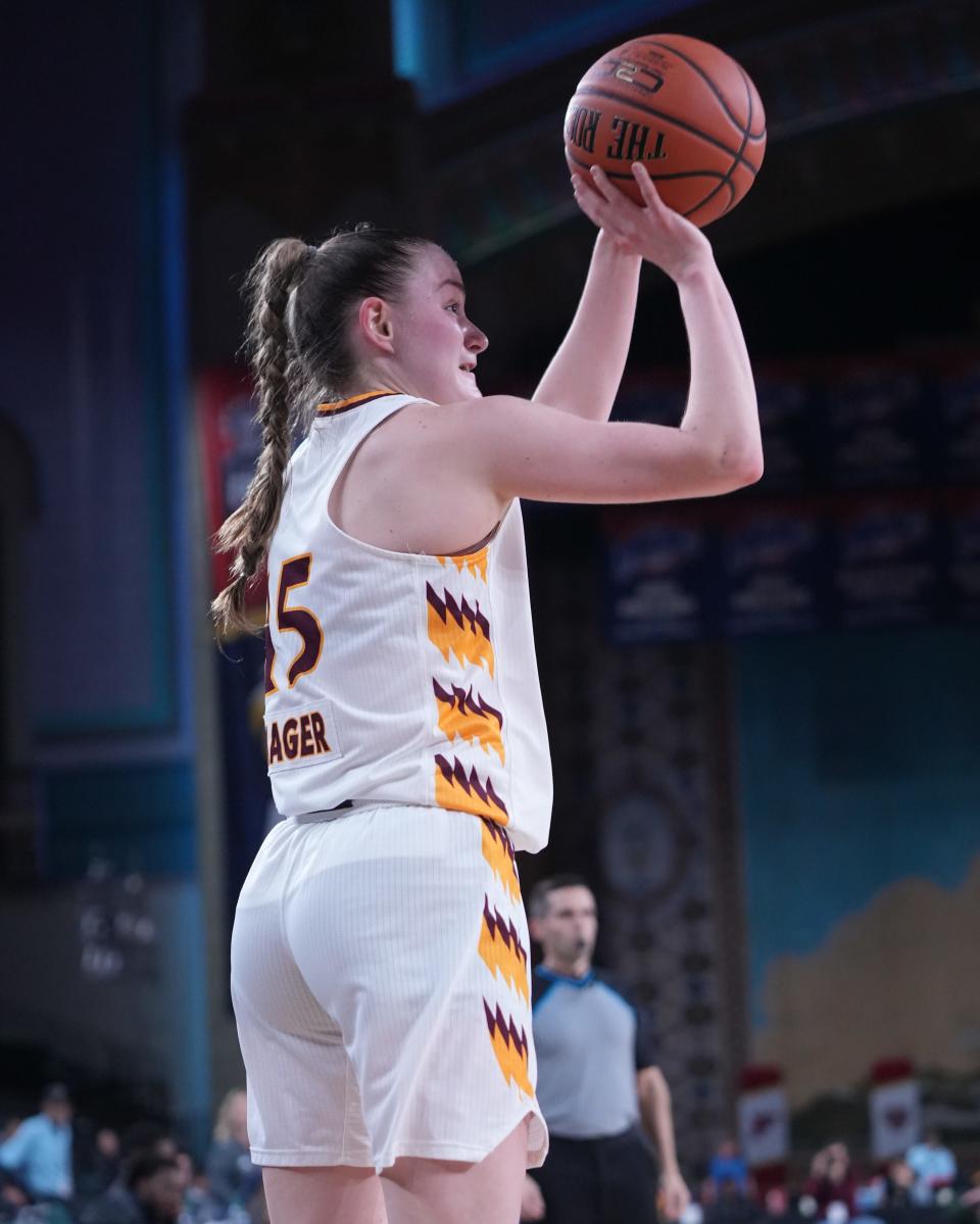 Iona's Kate Mager rises up for a three-point attempt during the Gaels' win over Manhattan in the MAAC Tournament championship game at Boardwalk Hall in Atlantic City on Saturday, March 11, 2023.