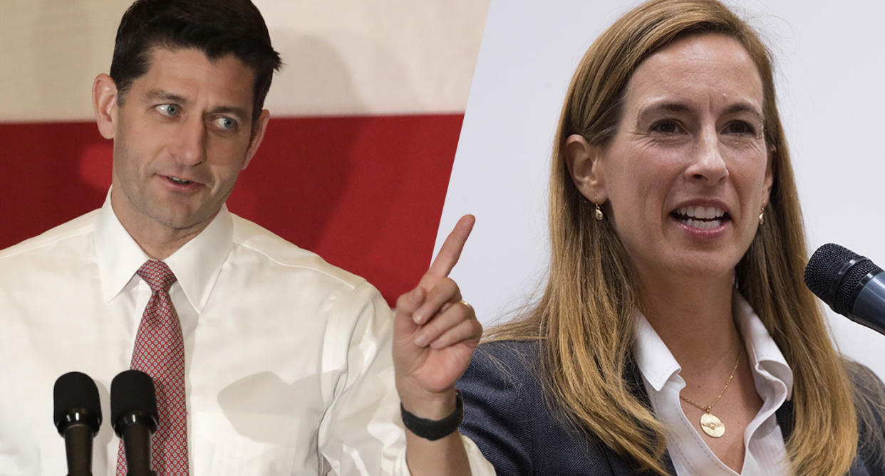 U.S. House Speaker Paul Ryan and Democratic congressional candidate Mikie Sherrill. (Photos: Julio Cortez/AP; Mary Altaffer/AP)