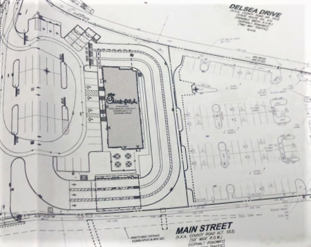 Site plan for a proposed Chick-fil-A to be built at 503 North Delsea Drive in Glassboro, using a portion of the property that held a bowling alley until its demolition a few years ago. The borough Zoning Board is to hear a final site plan application at its meeting May 18, 2023. PHOTO: May 8, 2023.