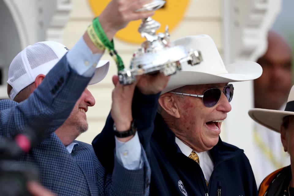 Seize the Grey trainer D. Wayne Lukas celebrates after winning the 149th running of the Preakness Stakes at Pimlico Race Course.