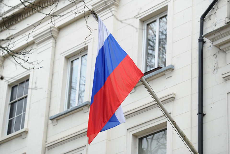 File photo dated 13/3/2018 of the Russian flag outside the Russian Embassy in London. An investigation has found that Russia attempted to influence the Scottish independence referendum but not the Brexit vote, according to reports.