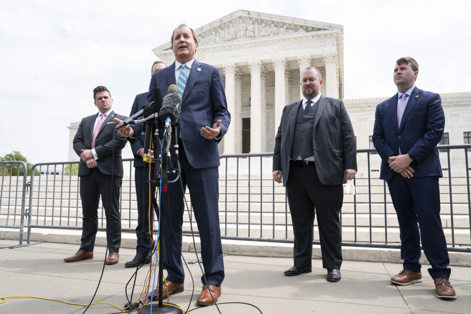 WASHINGTON, DC - ARPIL 26: Texas Attorney General Ken Paxton speaks to reporters after the Supreme Court oral arguments in the Biden v. Texas case at the Supreme Court on Capitol Hill on Tuesday, April 26, 2022 in Washington, DC. (Photo by Sarah Silbiger for The Washington Post via Getty Images)