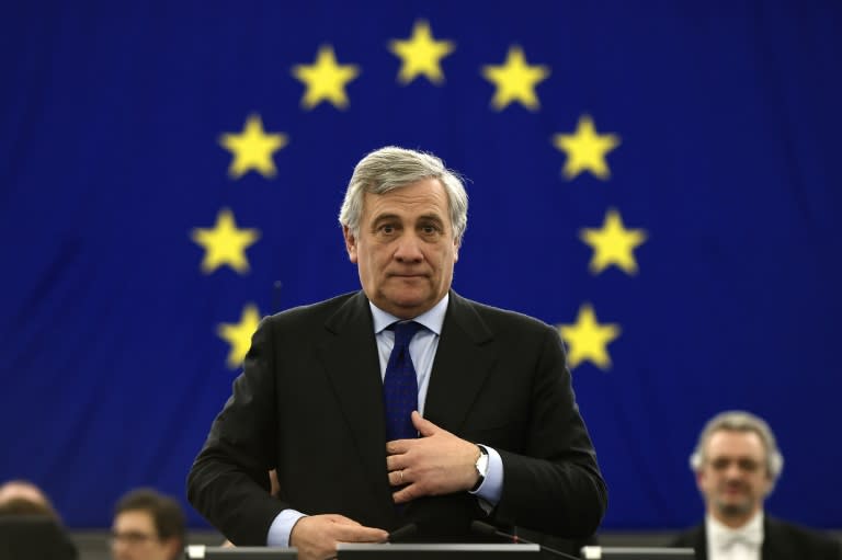 Newly elected European Parliament President Antonio Tajani reacts after his election in Strasbourg, eastern France, on January 17, 2017