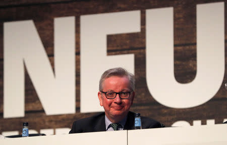 Michael Gove the Secretary of State for Environment, Food and Rural Affairs smiles after speaking during the National Farmers Union annual conference in Birmingham, Britain February 20, 2018. REUTERS/Darren Staples