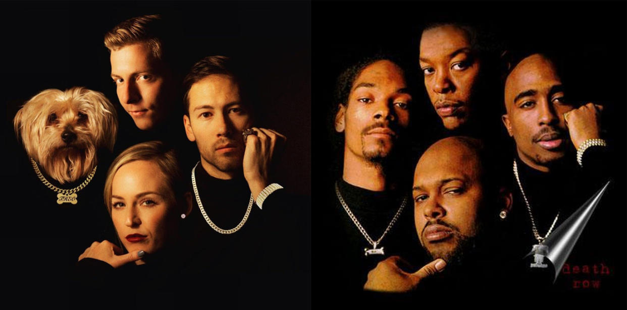 These roommates replicated Death Row Records for an epic holiday card. (Photo: Reddit/Death Row Records)