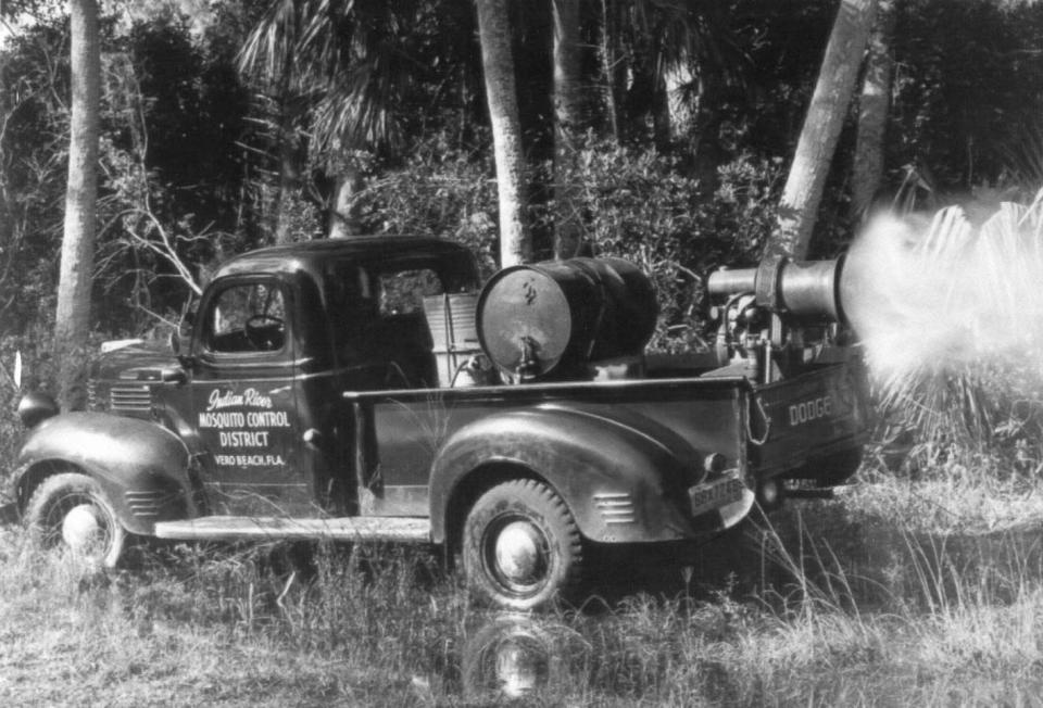 In the 1950s and 60s, fogging trucks traveled around the county spraying for mosquitoes. The old trucks traveled very slowly, emitting a fog with an unpleasant odor. Since the trucks could only travel at 5 mph, it took days to spray just a portion of Indian River County.