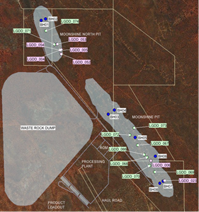 Magnetite testwork core drillhole locations (green) against preliminary site layout.