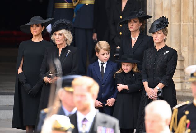 The Duchess of Sussex, Camilla, Queen Consort, Prince George, the Princess of Wales, Princess Charlotte and Sophie, Countess of Wessex during the state funeral of Queen Elizabeth II at Westminster Abbey on Sep. 19. (Photo: Karwai Tang via Getty Images)