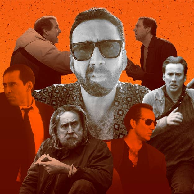 A collage of various characters Nicolas Cage has played.