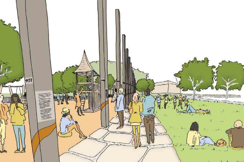 Illustrative sketch showing the proposed play park and heritage totem walk.