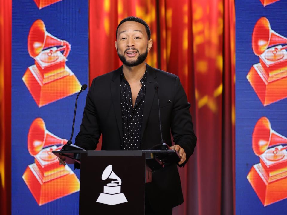 ohn Legend speaks during the 65th Annual GRAMMY Awards Nominations at The GRAMMY Museum on November 15, 2022 in Los Angeles, California.