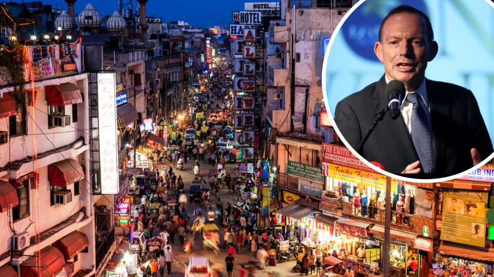 Image of New Delhi bazaar, Tony Abbott