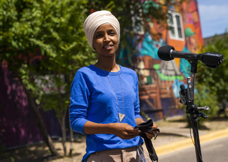 Rep. Ilhan Omar (D-Minn.) addresses reporters in Minneapolis on Tuesday. Antone Melton-Meaux gave her an unexpectedly tough challenge in the state's Democratic primary election. (Photo: Stephen Maturen/Getty Images)