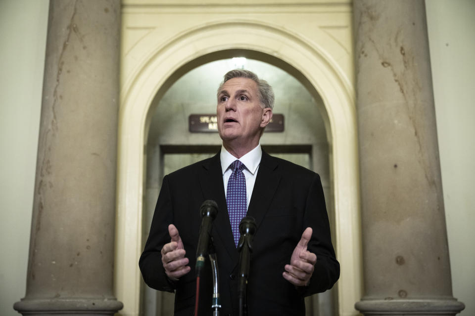 Speaker of the House Kevin McCarthy talks to reporters during a news conference at the Capitol (Drew Angerer / Getty Images)