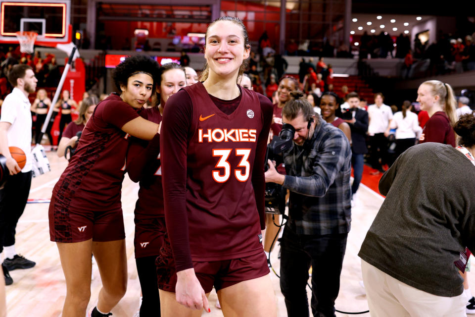 RALEIGH, NORTH CAROLINA – FEBRUARY 08: Elizabeth Kitley #33 of the Virginia Tech Hokies celebrates following their victory against the NC State Wolfpack at Reynolds Coliseum on February 8, 2024 in Raleigh, North Carolina. VT won 72-61. (Photo by Lance King/Getty Images)