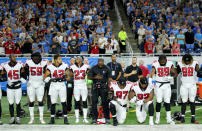 Members of the Atlanta Falcons football team Grady Jarrett and Dontari Poe take a knee during the playing of the national anthem prior to the start of the game against the Detroit Lions at Ford Field on September 24, 2017 in Detroit, Michigan. (Photo by Leon Halip/Getty Images)