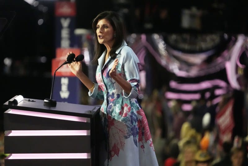 Former UN Ambassador Nikki Haley receives a standing ovation during her speech Tuesday at the 2024 Republican National Convention at Fiserv Forum in Milwaukee, where she "strongly endorsed" Donald Trump for president. Photo by David Banks/UPI