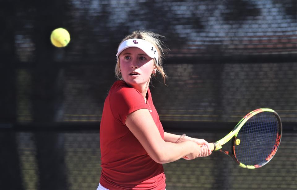 Cooper's Helena Bridge eyes the ball during her girls doubles match against Elli Kate Bussmeir and Paige Federman of Aledo. Bridge and Kaylee Connally won the second-round match 4-6, 6-2, 6-0 at the Region I-5A tournament Monday at the McLeod Tennis Center in Lubbock.