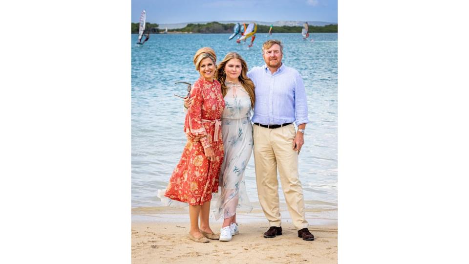 Queen Maxima, Princess Amalia and King Willem-Alexander of The Netherlands during their tour of the Dutch Caribbean Islands in January 2023