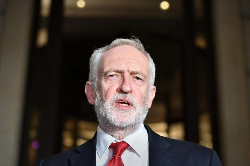 Labour Party leader Jeremy Corbyn speaking after a Labour clause V meeting on the manifesto at Savoy Place in London (PA)