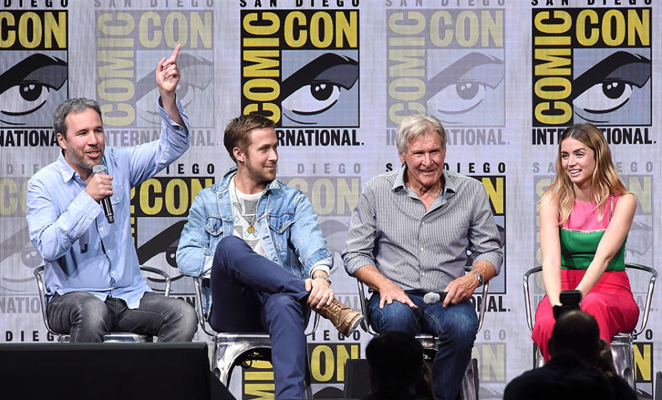 <p>Director Denis Villeneuve, Ryan Gosling, Harrison Ford, and Ana de Armas at the Warner Bros. Pictures Presentation at Comic-Con on July 22, 2017 in San Diego. (Photo: Kevin Winter/Getty Images) </p>