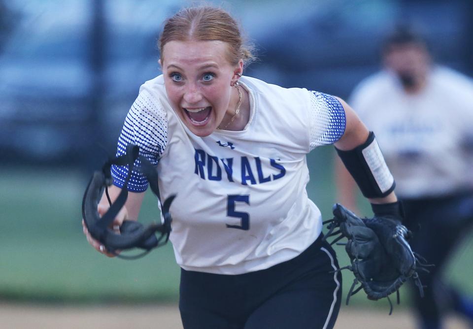 Colo-NESCO pitcher Annabelle Nessa celebrates after getting the final out of the Royals' 4-2 victory over GMG in the first round of Class 1A Region 5 softball competition Friday.