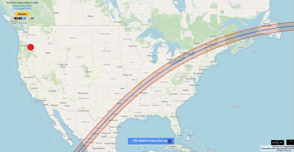 <span>NASA's map of the 2024 total solar eclipse, with Madras in Oregon pinpointed in red</span>