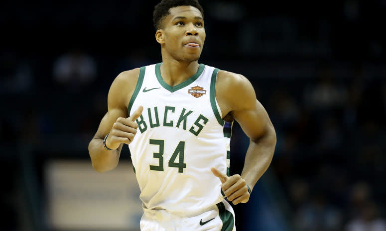 Giannis Antetokounmpo of the Milwaukee Bucks unning up the court during a game.