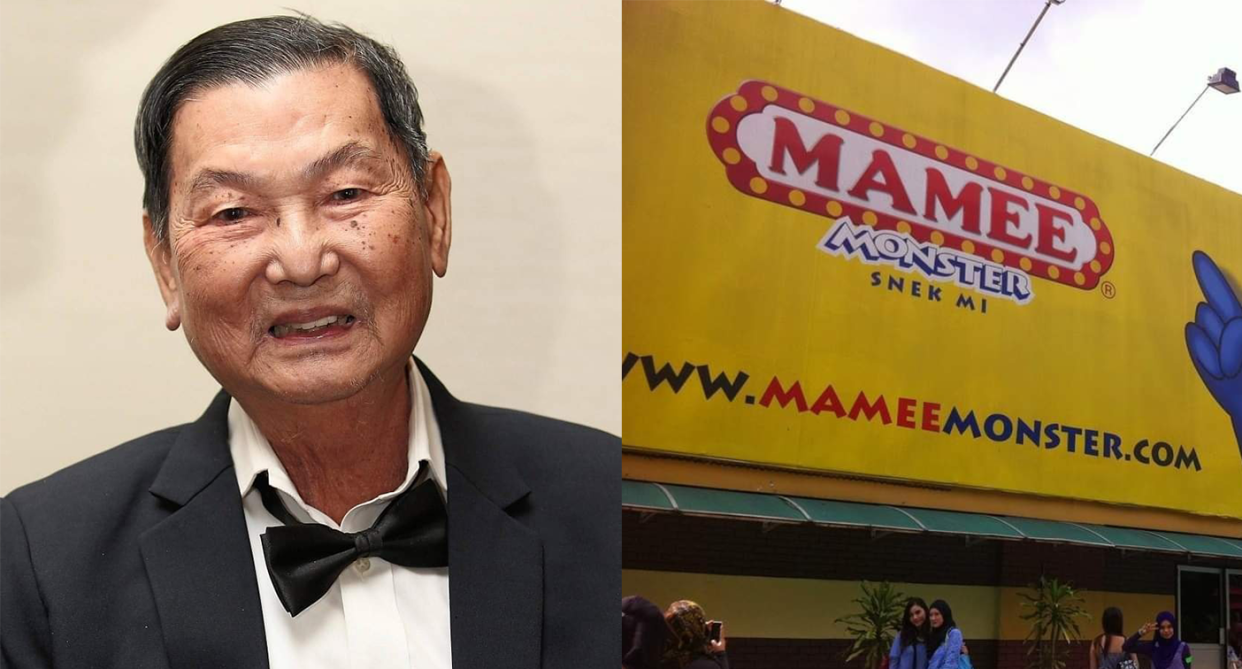 Datuk Pang Chin Hin and a Mamee Monster sign
